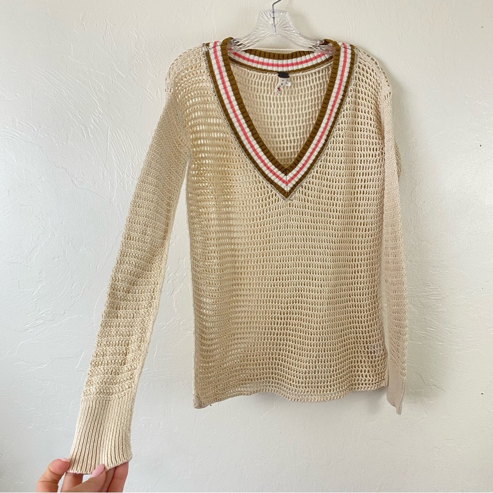 Free People Size Small Ivory Cream Crochet Knit V-neck Varsity Pullover Sweater